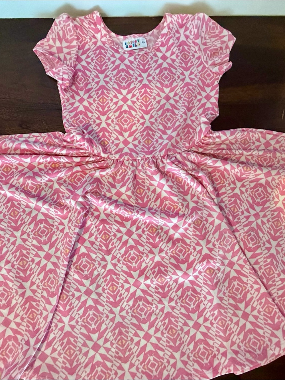 Girls Pink Patterned Short Sleeve Dot Dot Smile Dress